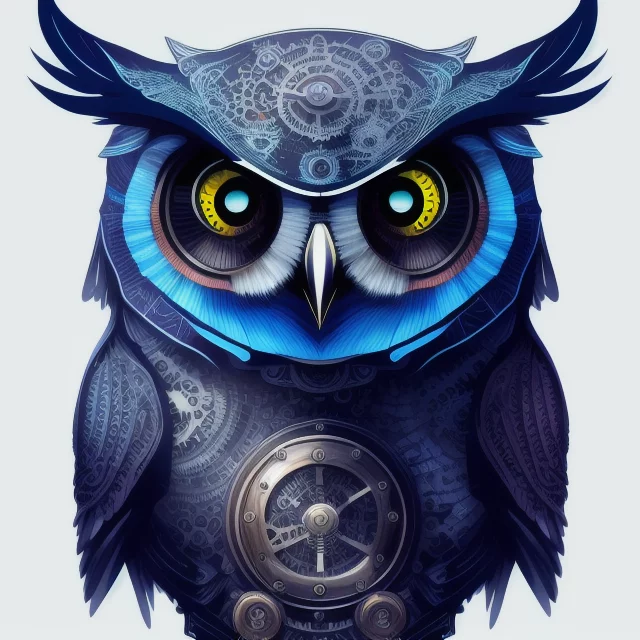 2023-01/4258958352-Portrait of an owl, steampunk, indigo blue, colorful, illustration, highly detailed, simple, smooth, and clean vector, no jagged.webp