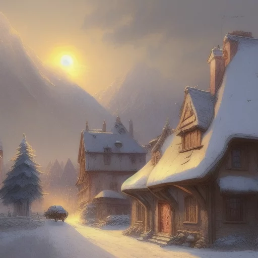 2023-01/487779749-the sun rises over the small snowy village, mountains in the distance snowy,  drawing,  cartoon comic, art by Anton Pieck, in th.webp