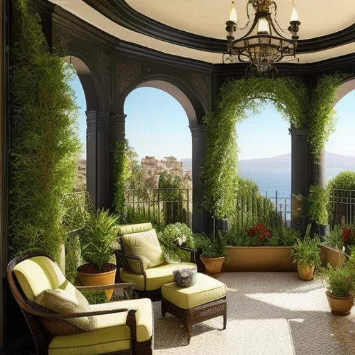2023-03/5115413419-mediterranean luxurious interior terrace, dark walls, flowers plants, checkeered.webp