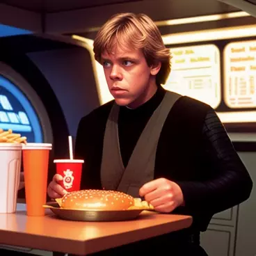 Luke Skywalke ordering burger and fries from Death Star canteena - March 2023 gallery