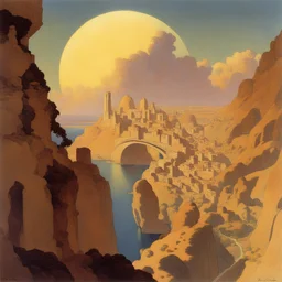 a city by Maxfield Parrish