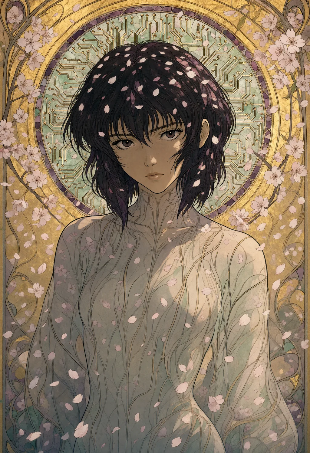 Motoko Kusanagi in falling cherry blossoms with a halo of circuit traces, an art nouveau illustration generated by Qwen-Image 2.1 at 1664 by 2432 pixels