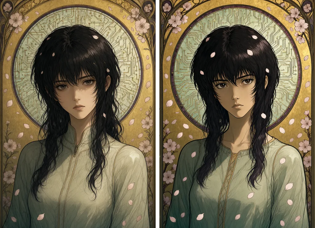 The Motoko Kusanagi prompt rendered by Qwen-Image-2.1-Turbo at CFG 1 on the left and guided at CFG 3 with APG and FreSca on the right, both in 8 steps