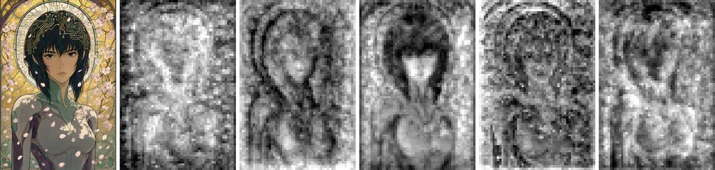 The finished Qwen-Image 2.1 render next to five of the 64 channels of its latent, each a 52 by 76 grid of numbers