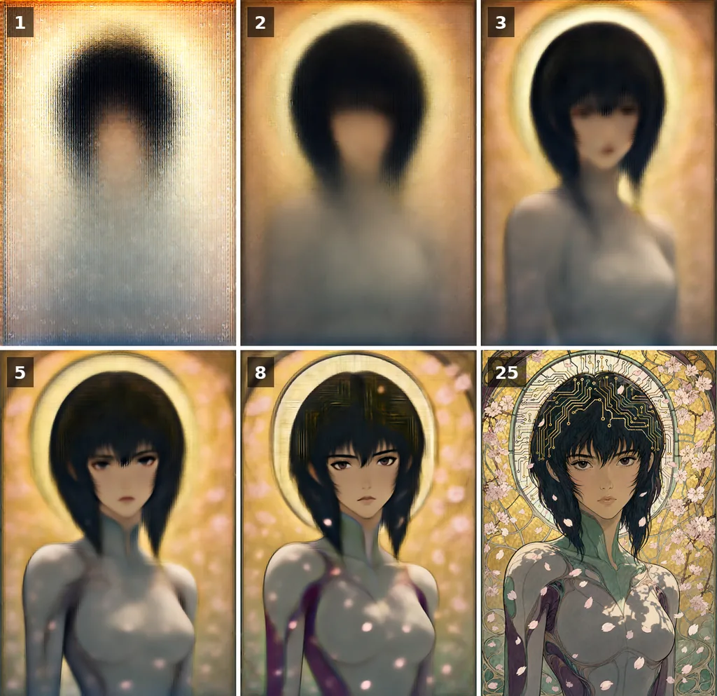 The Qwen-Image 2.1 estimate of the finished Motoko Kusanagi illustration after 1, 2, 3, 5, 8 and 25 of 25 steps