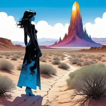 2198772702-photorealistic_ink_art_showing_silouhette_of_beautiful_and_mysterious_woman_into_psychedelic_desert_with_charred_shrubs,_far_bac.webp