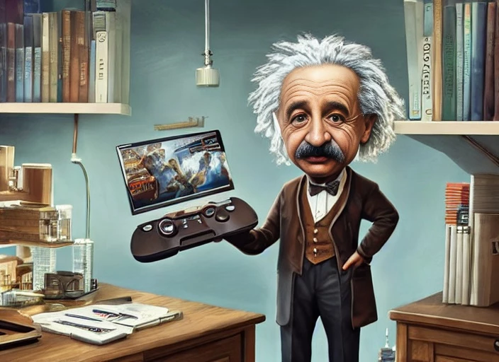 albert einstein gamepad laboratory office artwork stablediffusion