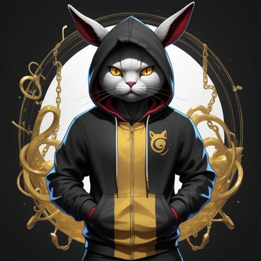 Cartoon cat character with hoodie in style of cytus, gold chains
