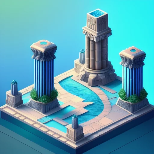 Isometric Atlantis city great architecture columns ornaments seaweed blue ambiance 3D cartoon style