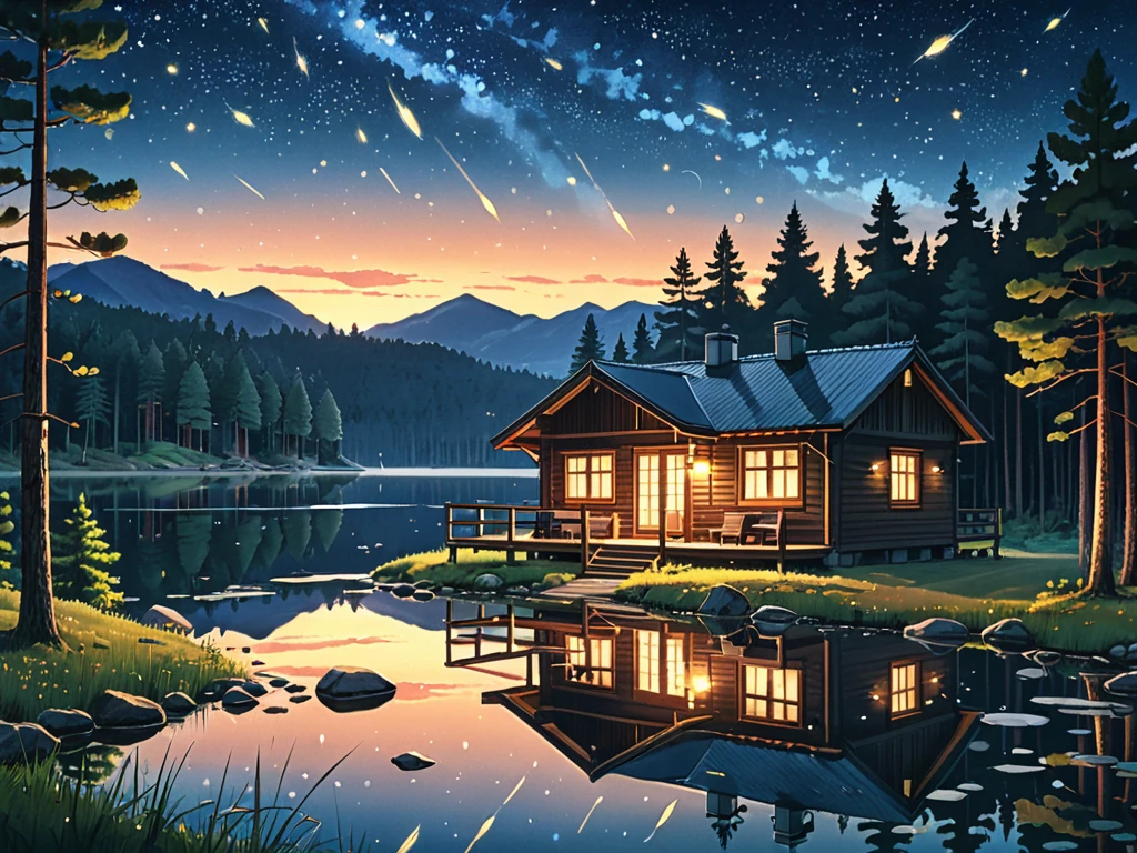 Cabin by a lake at dusk, Stable Diffusion XL