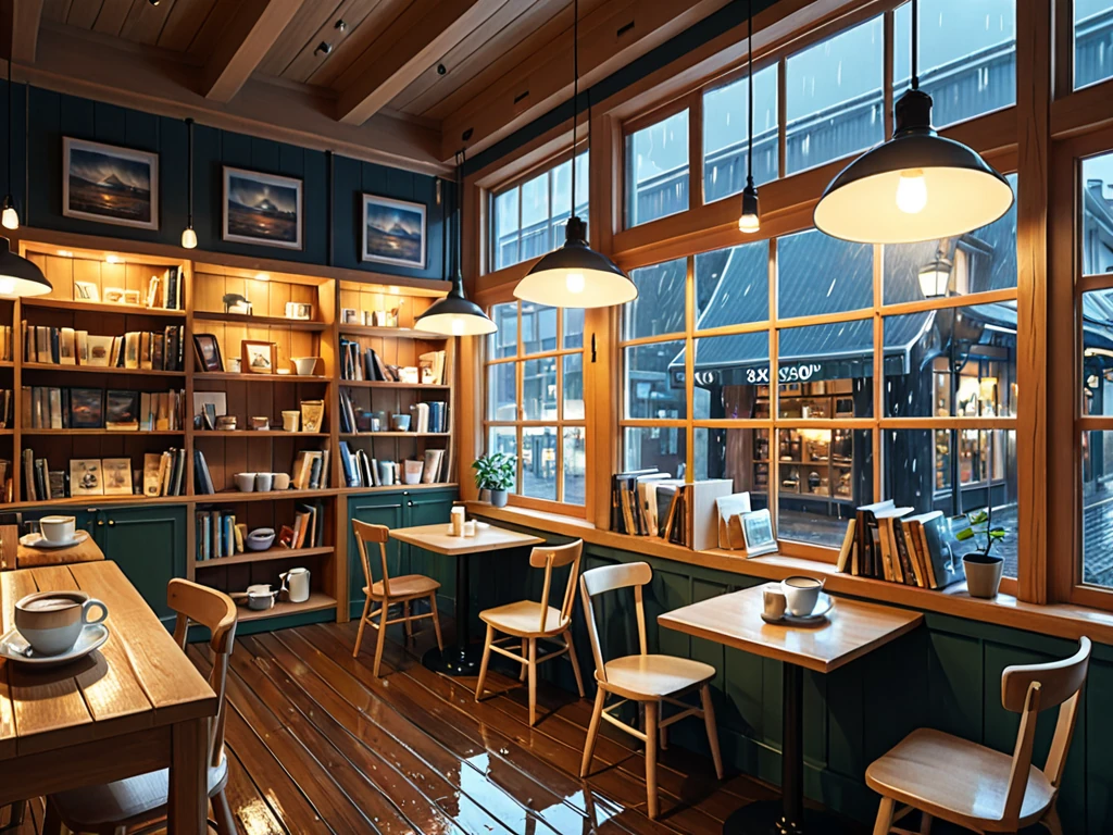 Bookshop cafe on a rainy evening, Stable Diffusion XL