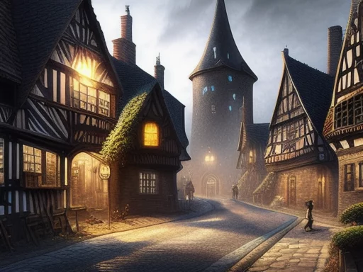 street of medieval fantasy town dawn dark 4K