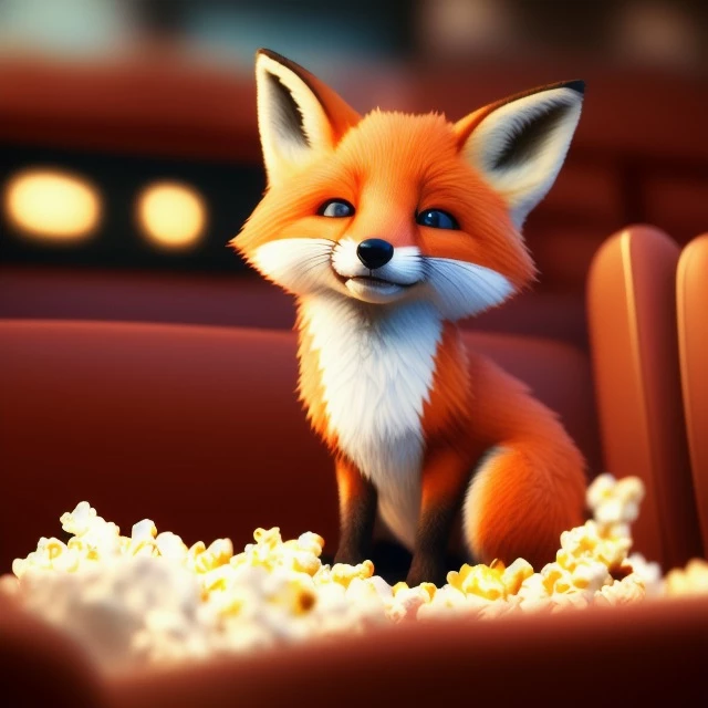 Cute small Fox sittin in a movie theater eating popcorn watching a movie cozy indoor
