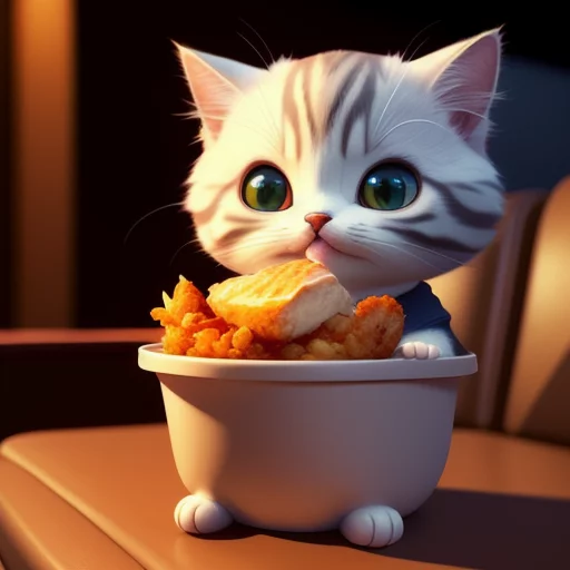 Cute small cat sitting in a movie theater eating chicken wiggs watching a movie