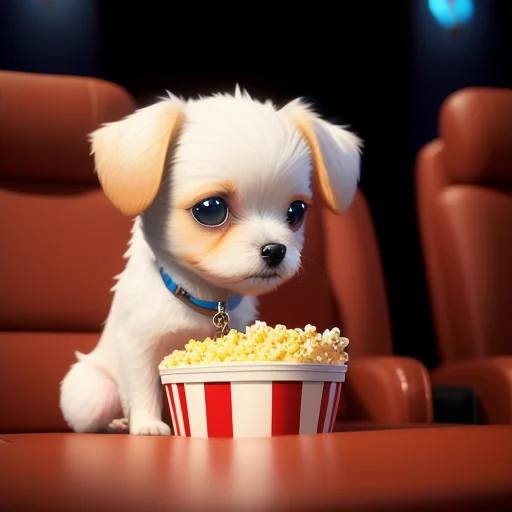 Cute small dog sitting in a movie theater eating popcorn watching a movie