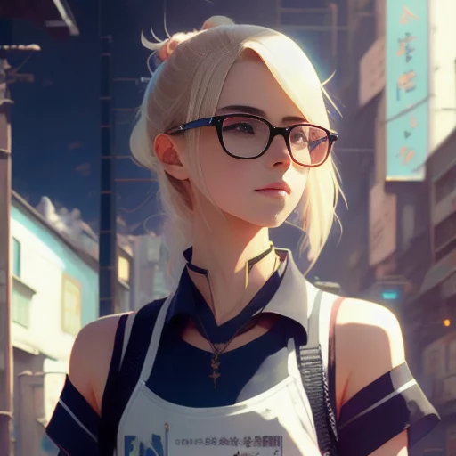 girl blond hair black glasses background by Greg Rutkowski and Makoto Shinkai and Kyoto Animation
