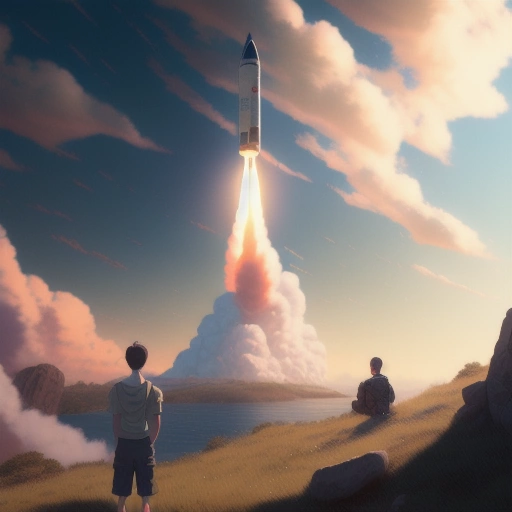 painting of a man on a hill watching rocket launch masterpiece