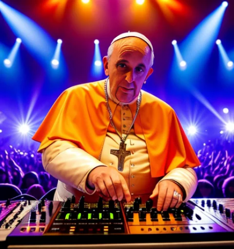 Pope Francis DJ in a nightclub mixing live on stage, giant mixing table masterpiece CoolPope