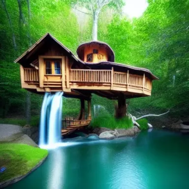 marvelous treehouse by a flowing stream