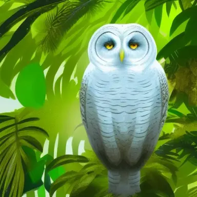 white owl in blue green golden rainforest