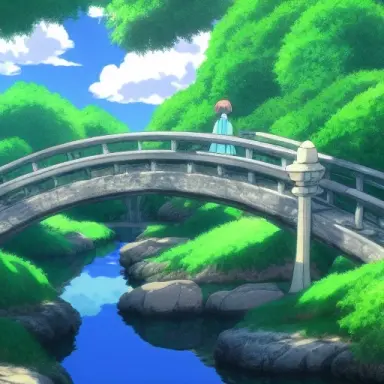 4k, high, detailed, painting, anime, hayao miyazaki, studio ghibli, stone bridge over the stream