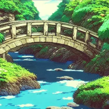 4k, high, detailed, painting, anime, hayao miyazaki, studio ghibli, stone bridge over the stream
