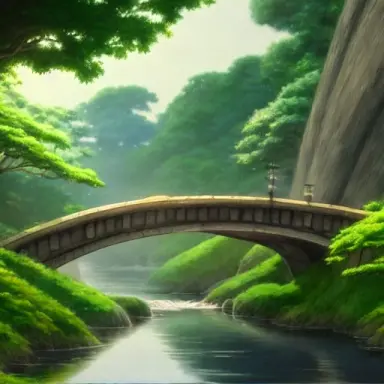 4k, high, detailed, painting, anime, hayao miyazaki, studio ghibli, stone bridge over the stream