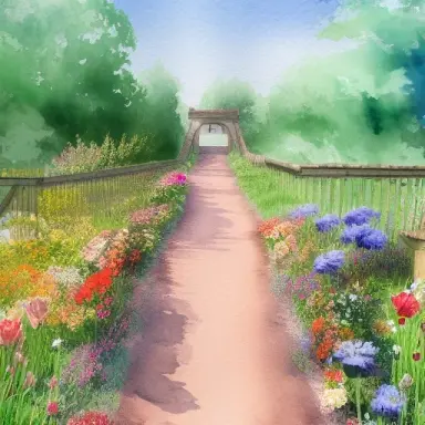 a detailed saturated watercolor painting of a wide long winding dirt pathway ending at an open ornate gate, in a floral meadow w
