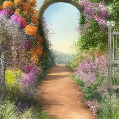 a detailed saturated watercolor painting of a wide long winding dirt pathway ending at an large open ornate gate, in a floral me