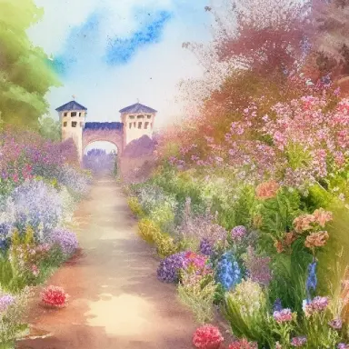a detailed saturated watercolor painting of a wide long winding dirt pathway ending a far visible large ornate french gate in ba