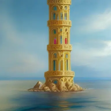 ethereal tower of gold and marble in the sea, gorgeous ornate architecture, black water, oil painting