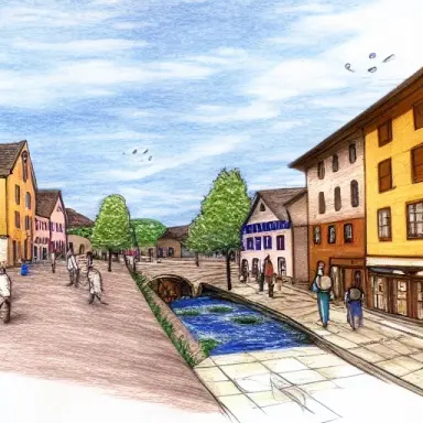 sketch of european village center with square and small stream