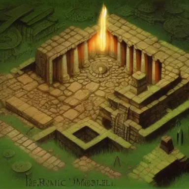 heroic fantasy,old temple ruins, in isometric,ken kelly
