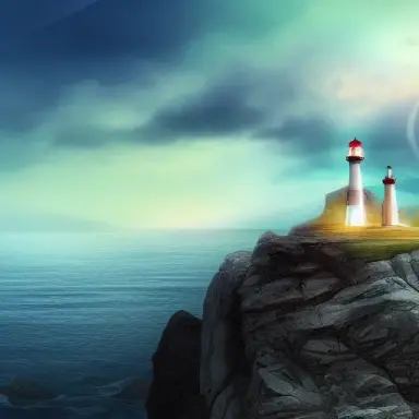 futuristic lighthouse, flash light, hyper realistic, epic composition, cinematic, landscape vista photography, landscape veduta