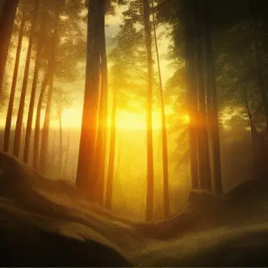 forest, hyper realistic, epic composition, cinematic, detailed landscape, sunset, giant penis flying to space