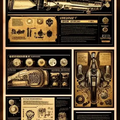 a full page design of ray gun, black and bronze paper, intricate, highly detailed, epic, infographic, steam punk