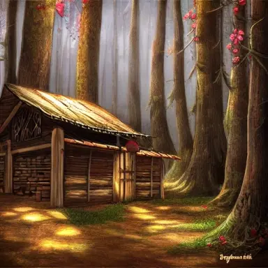 a wooden shop in the forest, fantasy, digital art