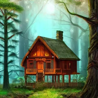 a wooden house in the forest, fantasy, digital art