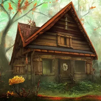 a wooden house in the forest, fantasy, digital art