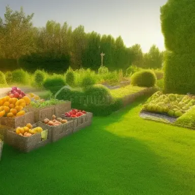 a garden in france, fruits and vegetables, sun, photographic style, detailed landscape, 4k, diffuse light