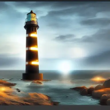 futuristic lighthouse, flash light, hyper realistic, epic composition, cinematic, landscape vista photography, landscape veduta