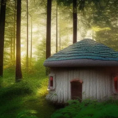 mushroom house in forest next to lake sunset