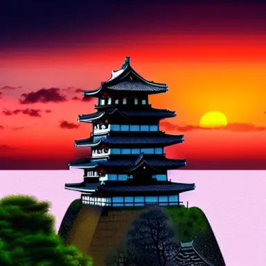 fantasy world,a sunset in front of a japanese castle with a high tower