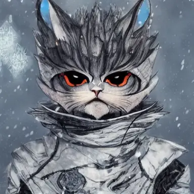 higly detailed tsutomu nihei cat wearing ammo and long white hairs in a winter mountains, tes skyrim, artstation steps 42, samp