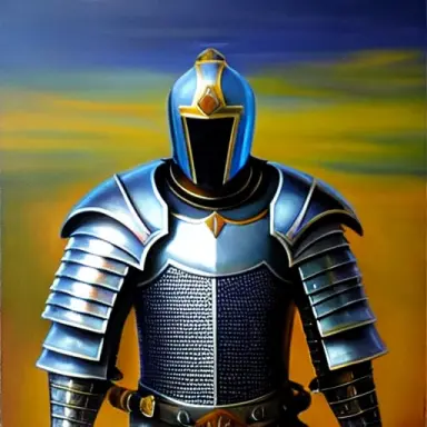 a knight, chain mail, topfhelm, battle hammer. oil painting