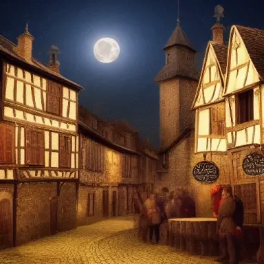 old medieval town crowded old times night moon