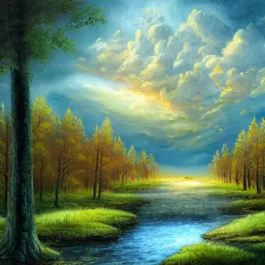 landscape painting, 4k, grand white cathedral, forest clearing, golden clouds overhead, fantasy style