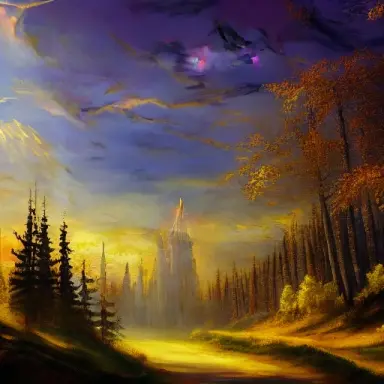 landscape painting, 4k, grand white cathedral, forest clearing, golden clouds overhead, fantasy style