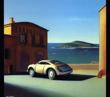 italian city, landscape, edward hooper, car, realistic, brochure, ads, quattroruote, sardegna, philosophy, loneliness