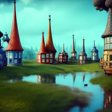intricate, elegant, highly detailed landscape shot, little mechanical animal village, diffuse blue lighting, landscape backgroun